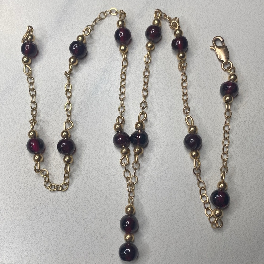 14K Yellow Gold Filled and Deep Red‎ Garnet Beaded Necklace